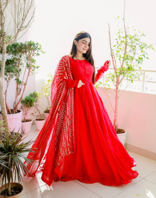 ZCC-22 Anarkali Maxy & Sequence Dupata Red